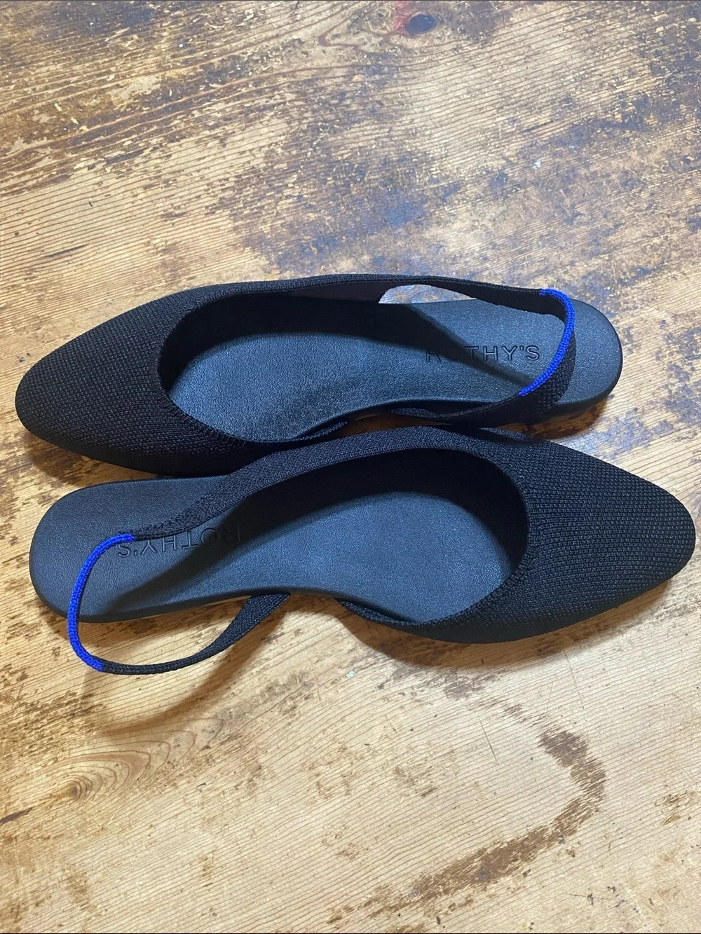 Rothy's Black Pointed Knit Slingback Flats with Blue Accent